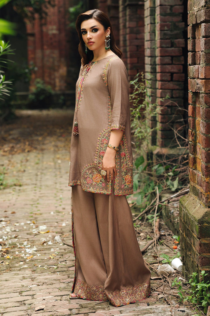 Embroidered Raw Silk Brown Stitched Suit - Charizma