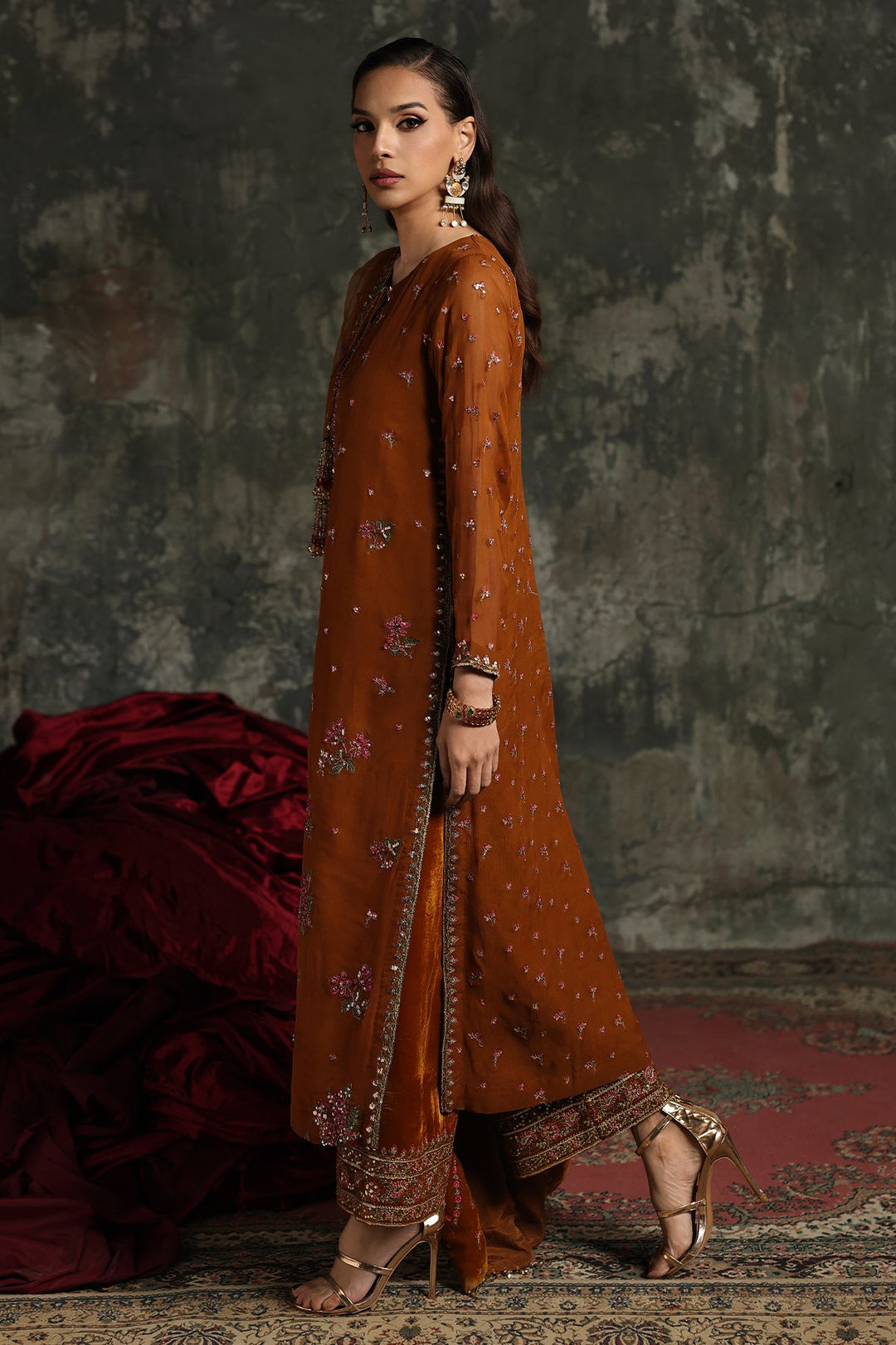 Chiffon Orange Stitched Suit - Charizma