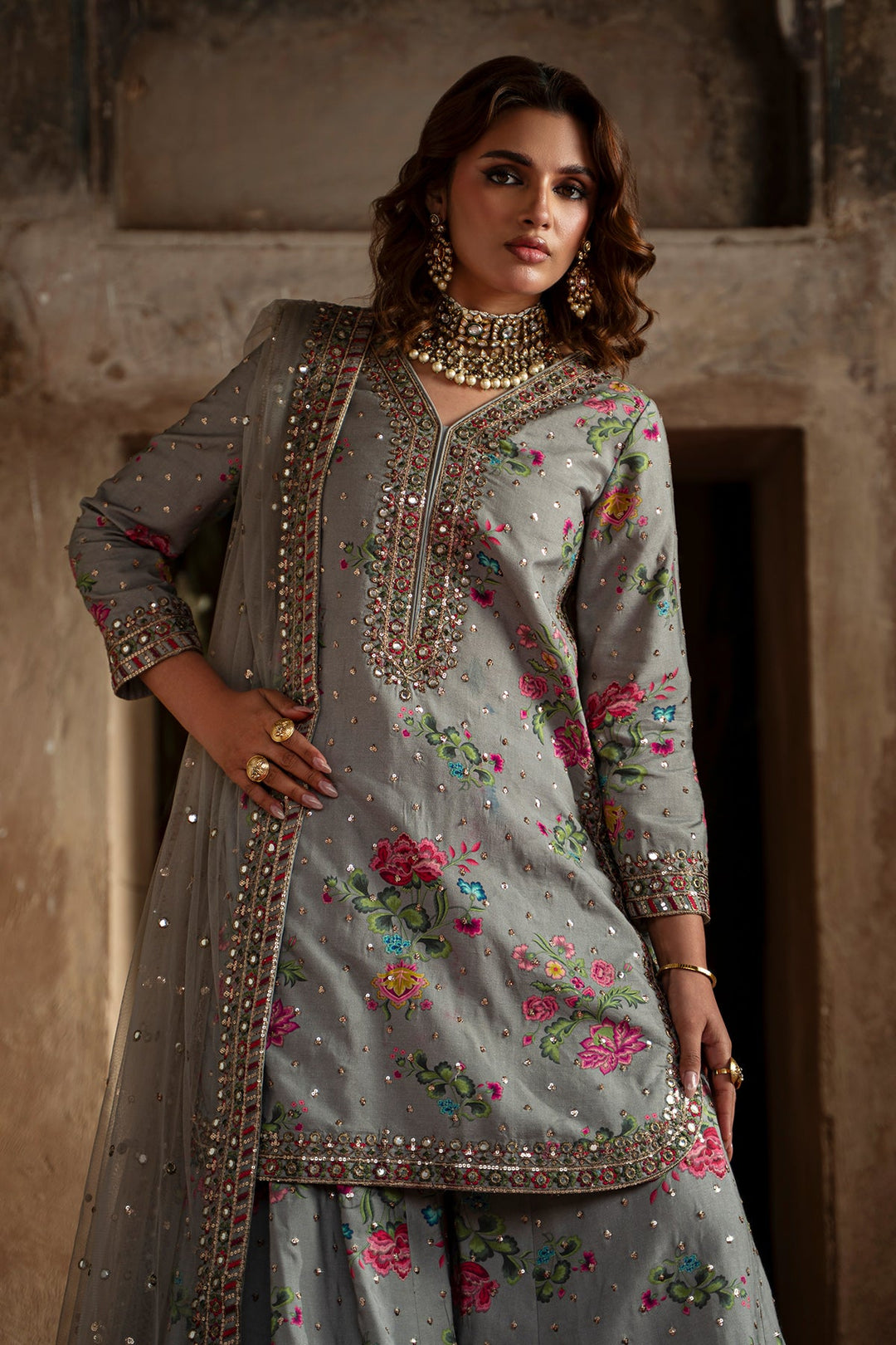 Embroidered Silk Grey Stitched Suit - Charizma