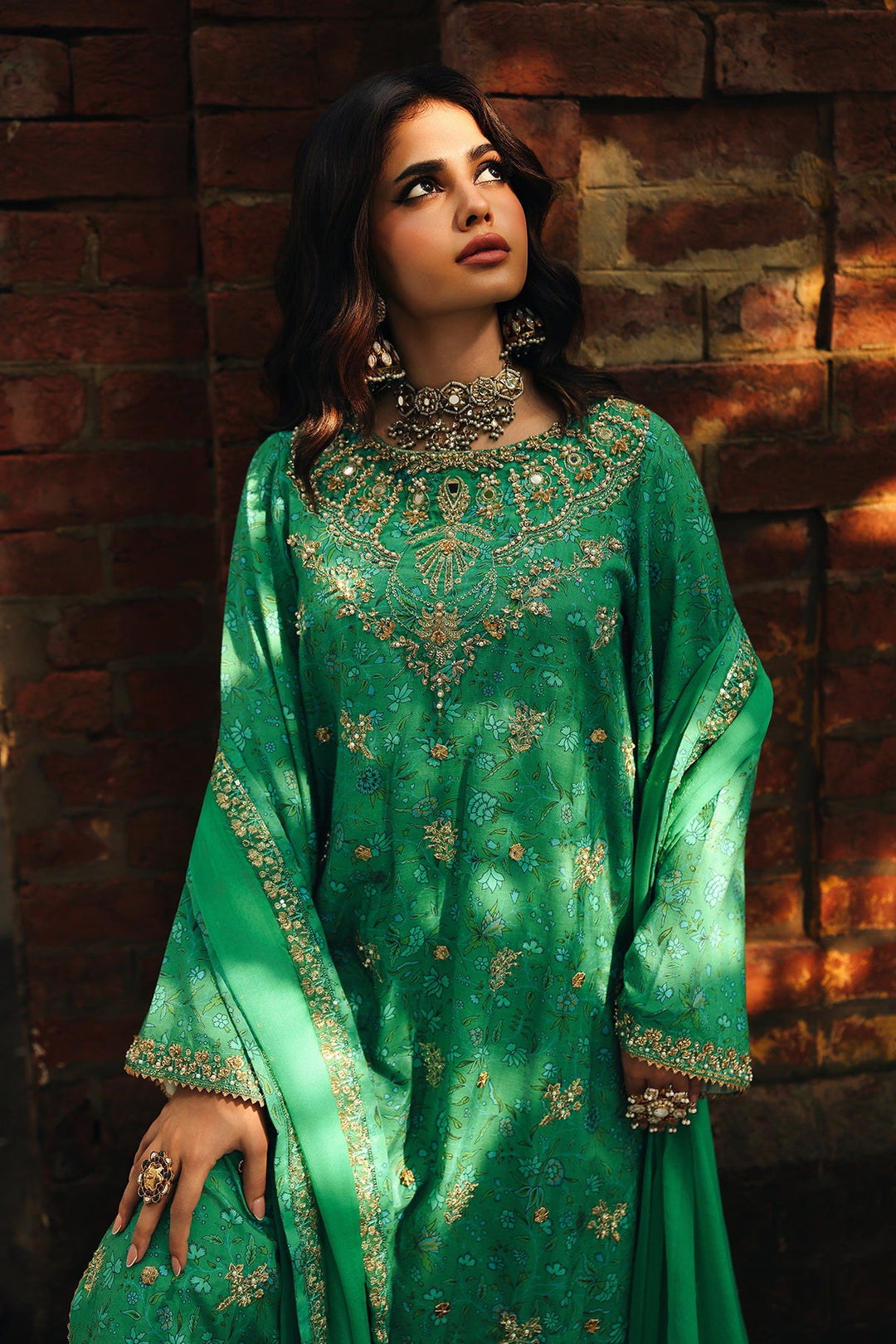Embroidered Green Stitched Suit - Charizma