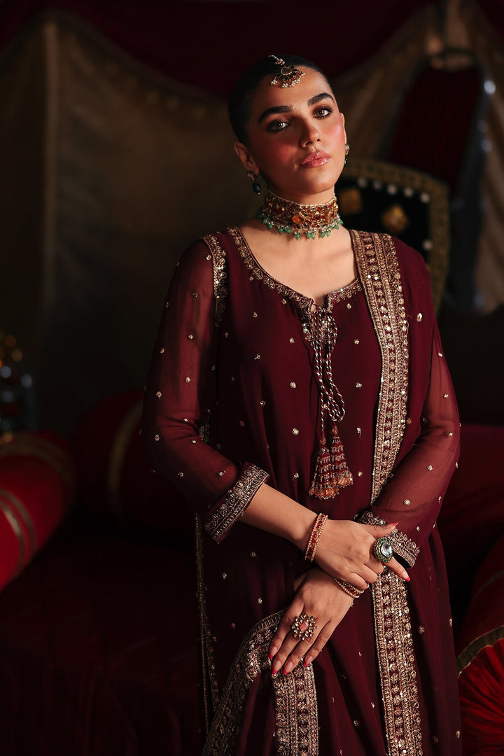 Embroidered Chiffon Maroon Stitched Suit - Charizma