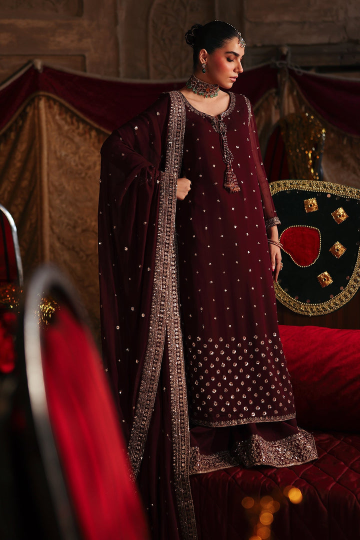 Embroidered Chiffon Maroon Stitched Suit - Charizma