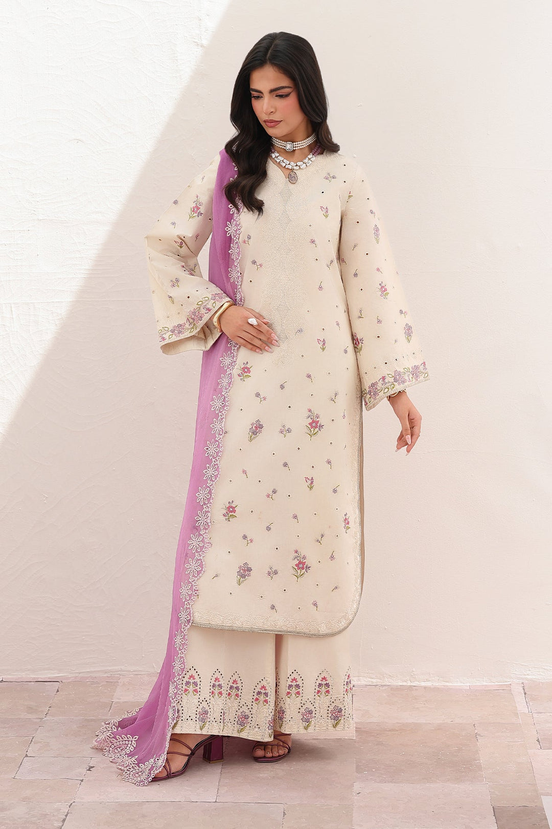 Embroidered Lawn Off White Stitched Suit - Charizma