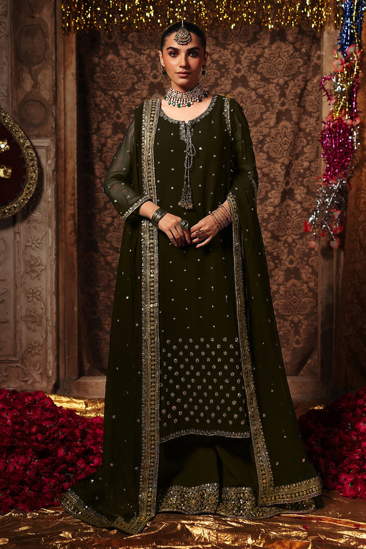 Embroidered Chiffon Green Stitched Suit - Charizma