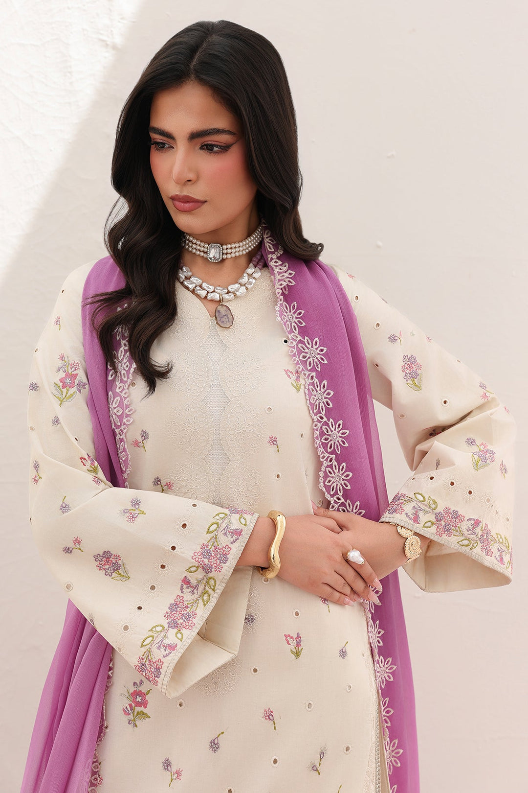 Embroidered Lawn Off White Stitched Suit - Charizma