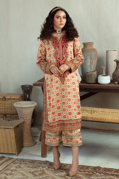 Printed Silk Mustard Stitched Suit - Vanya