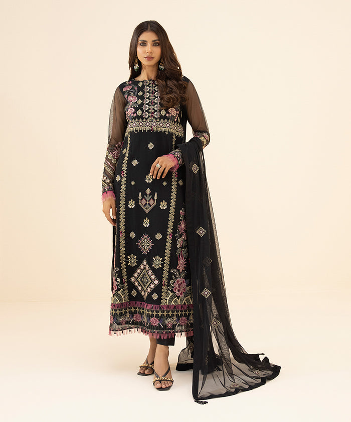 Embroidered Net Black 3 Piece Suit - Sapphire
