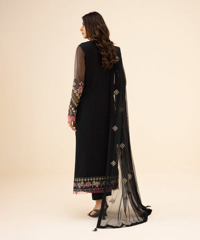 Embroidered Net Black 3 Piece Suit - Sapphire