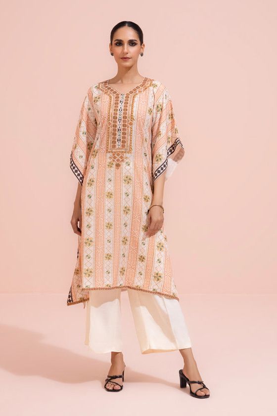 Embroidered Silk Beige Kurti - Sapphire
