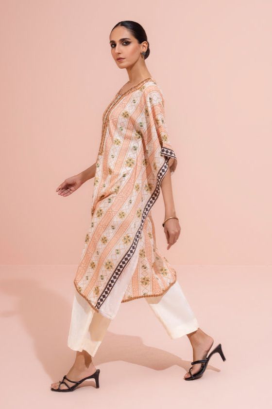 Embroidered Silk Beige Kurti - Sapphire