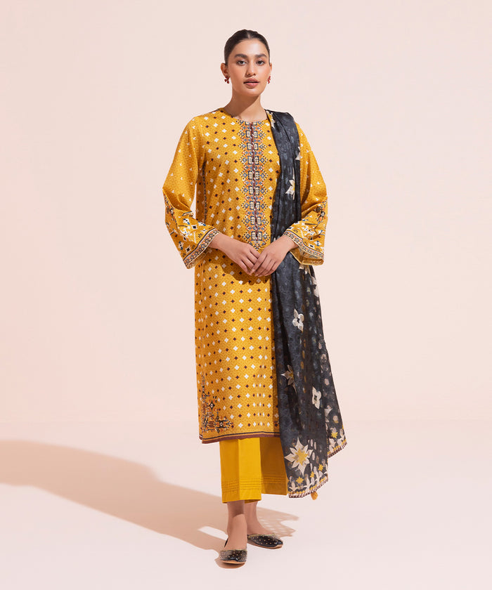 Embroidered Cotton Mustard 3 Piece Suit - Sapphire