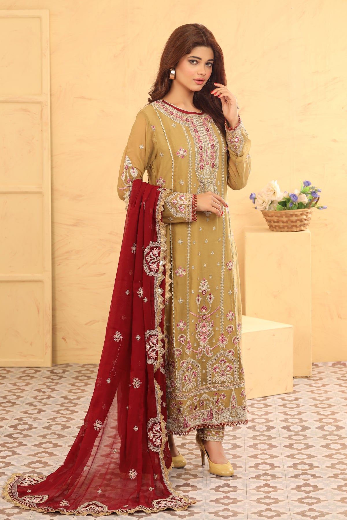 Olive Green 3 Piece Suit - Asim Jofa