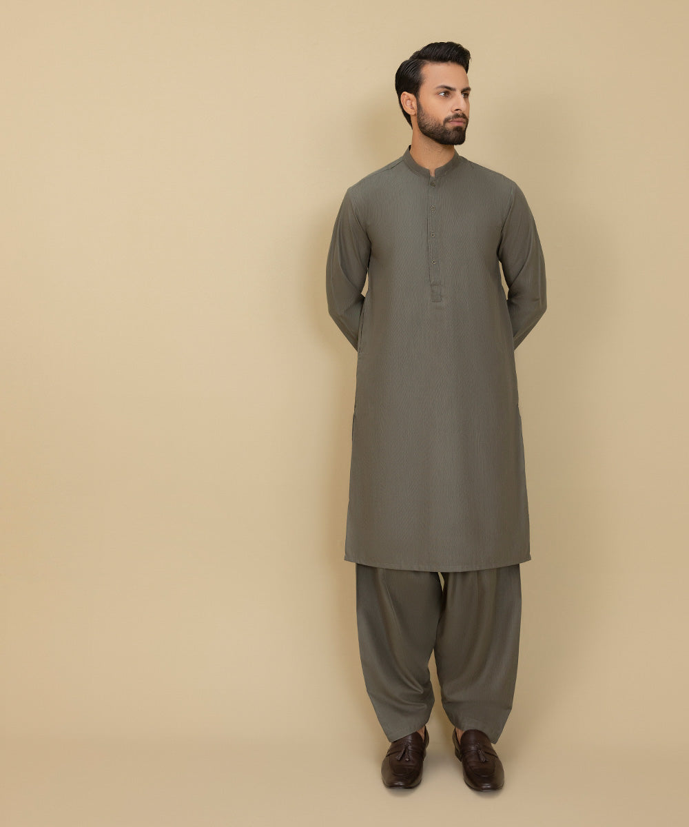 Wash & Wear Olive Shalwar Kameez - Sapphire