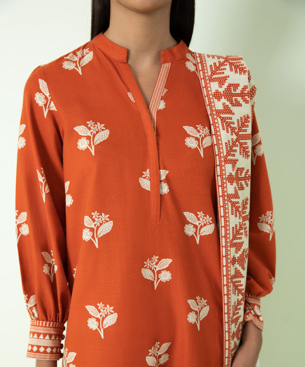 Printed Khaddar Saffron 3 Piece Suit - Sapphire