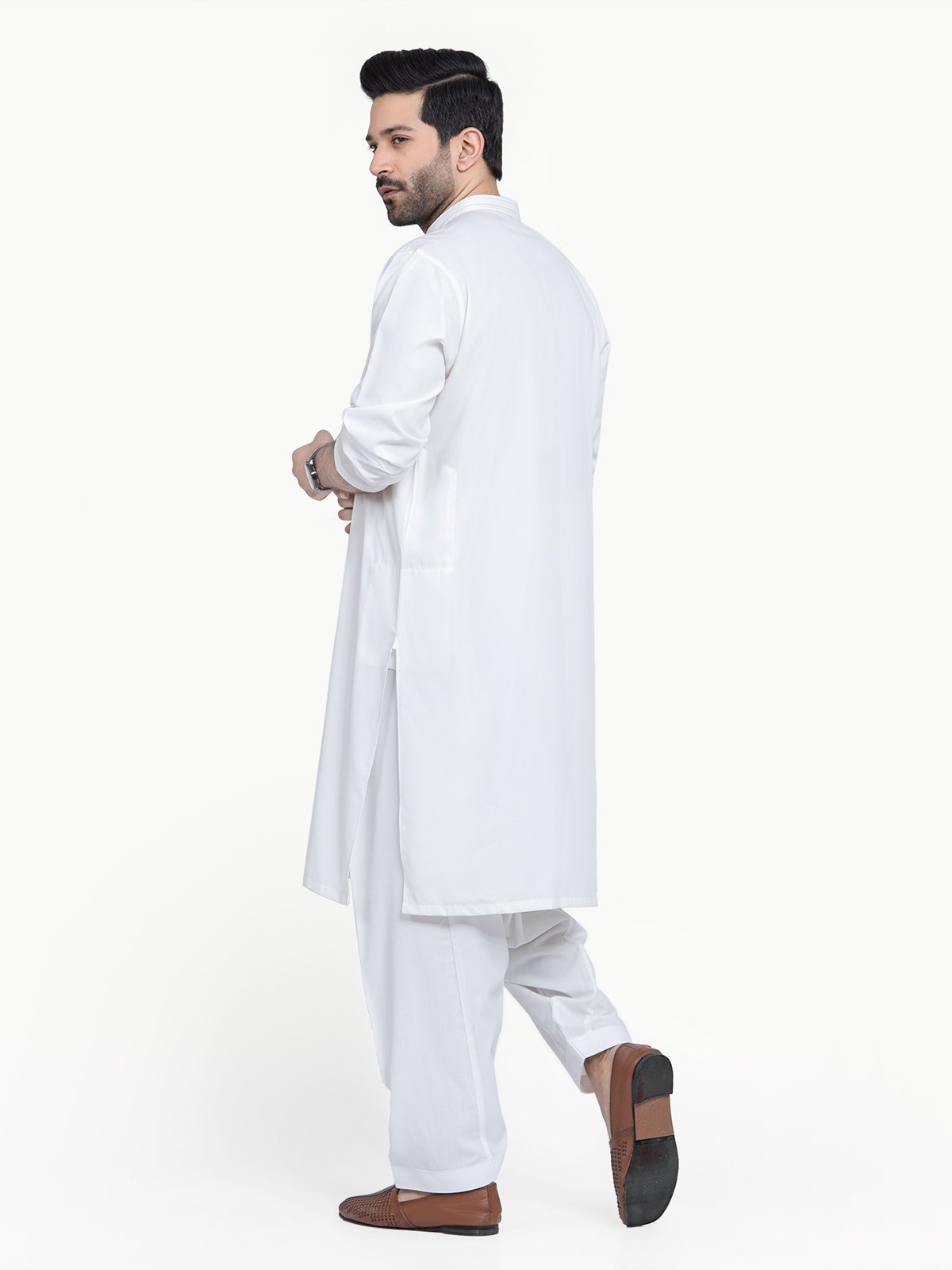 Off White Band Collar Kameez Shalwar - Eden Robe