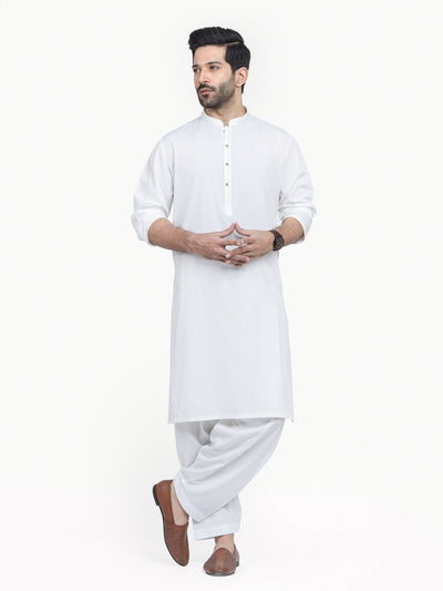Off White Band Collar Kameez Shalwar - Eden Robe