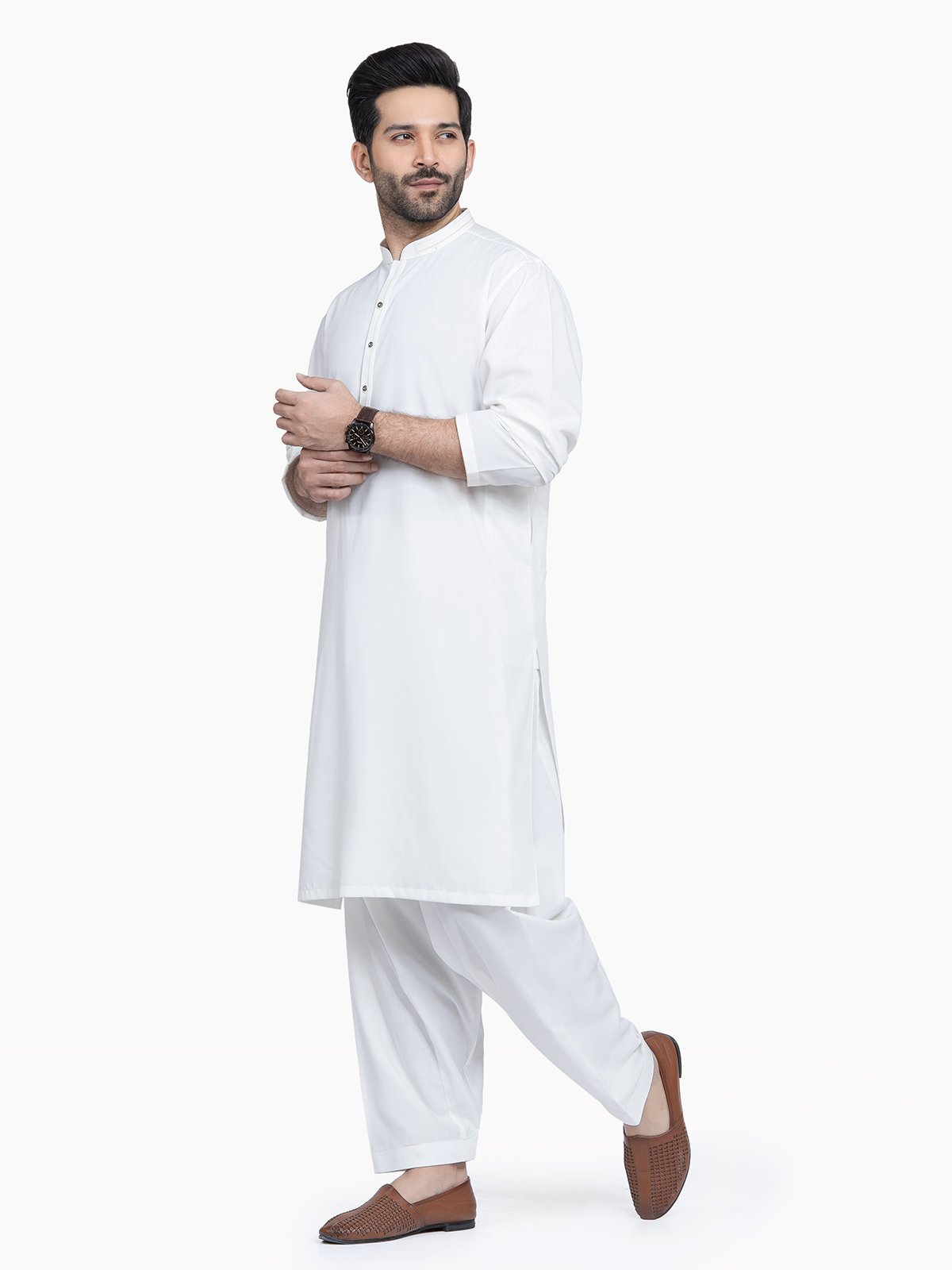 Off White Band Collar Kameez Shalwar - Eden Robe