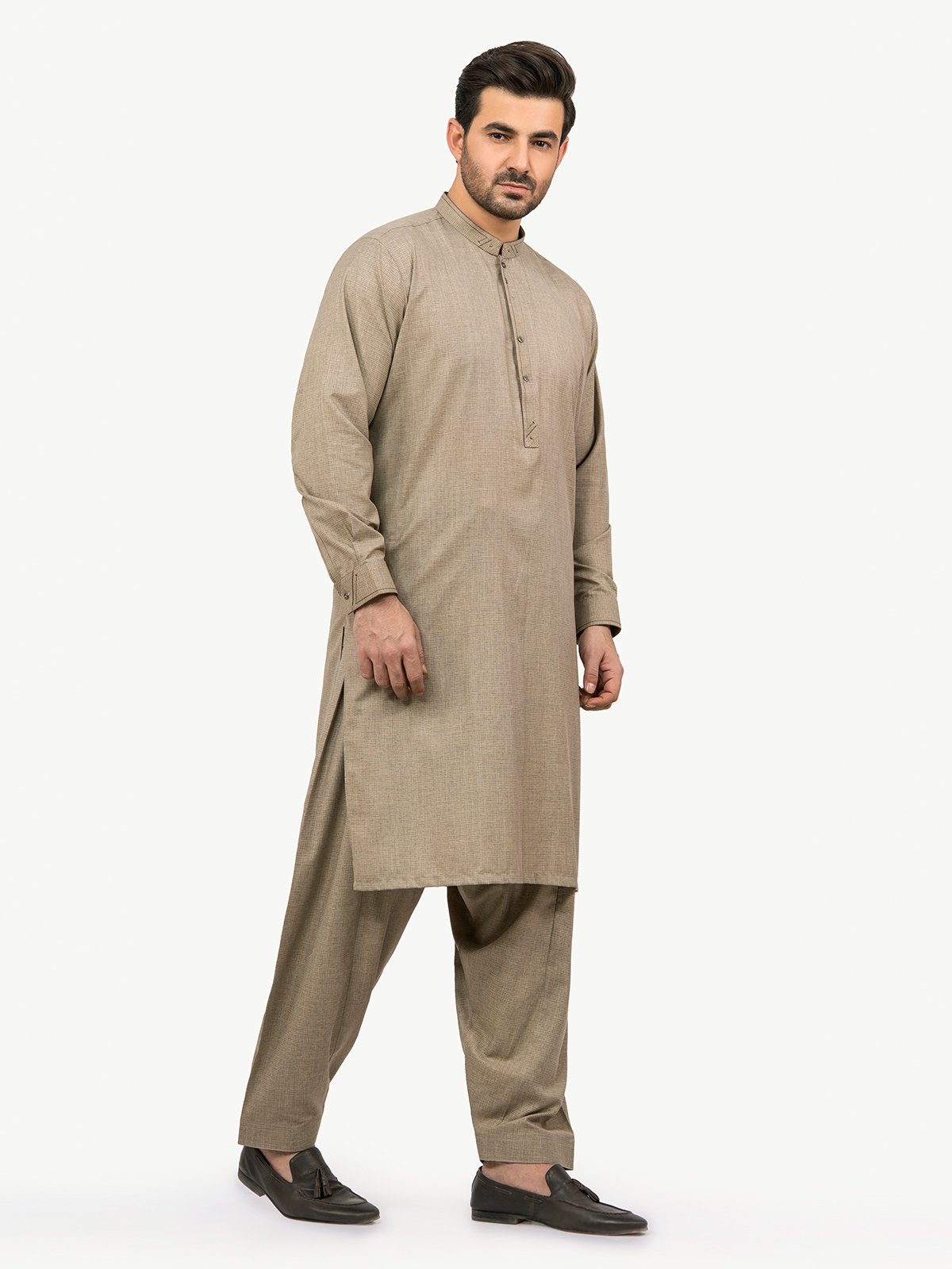 Beige Band Collar Kameez Shalwar - Eden Robe