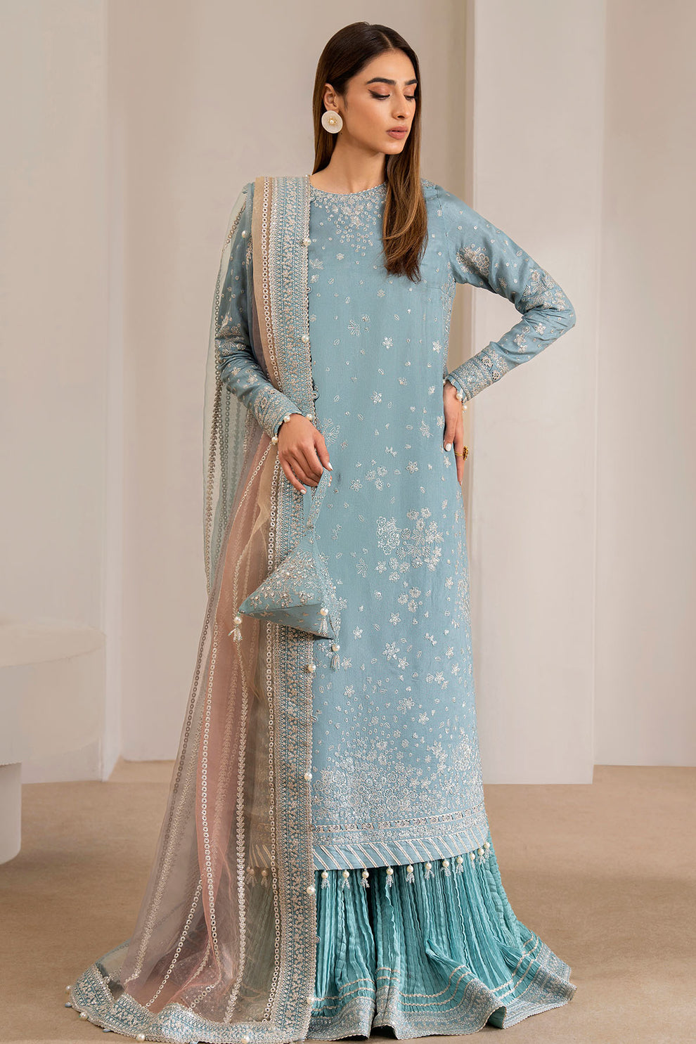 Embroidered Raw Silk Sky Blue 3 Piece Unstitched Suit - Jazmin