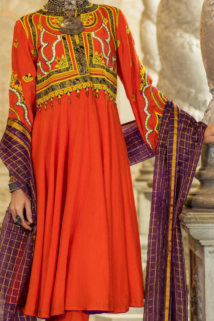 Orange Raw Silk 3 Piece Suit - Almirah