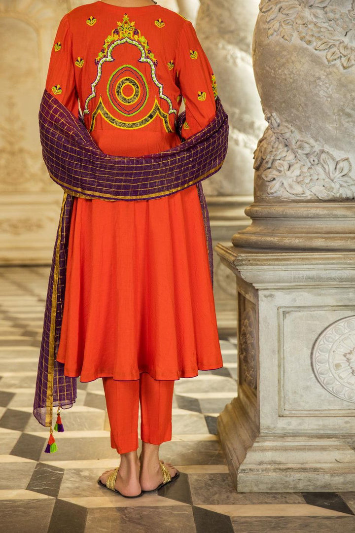 Orange Raw Silk 3 Piece Suit - Almirah