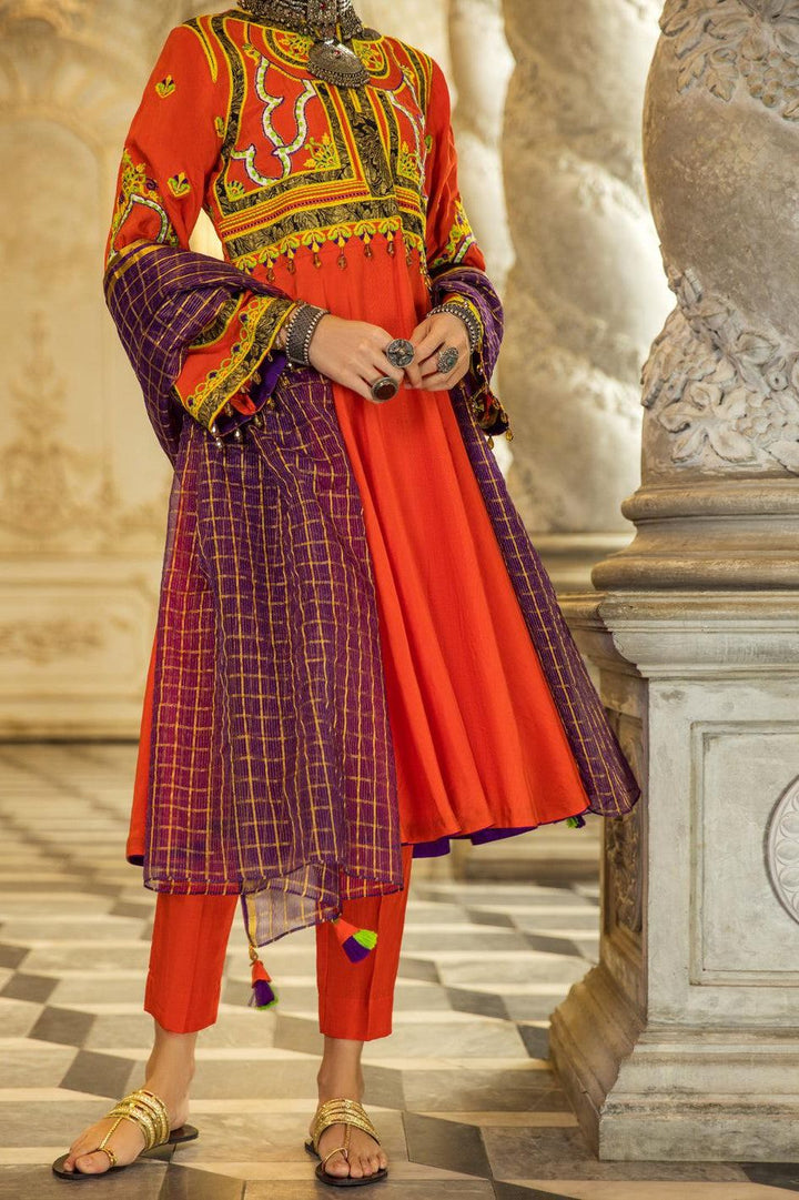 Orange Raw Silk 3 Piece Suit - Almirah