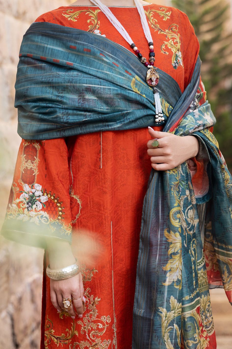 Jacquard Orange 3 Piece Suit - Almirah
