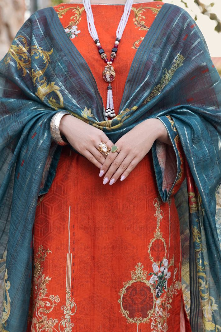 Jacquard Orange 3 Piece Suit - Almirah