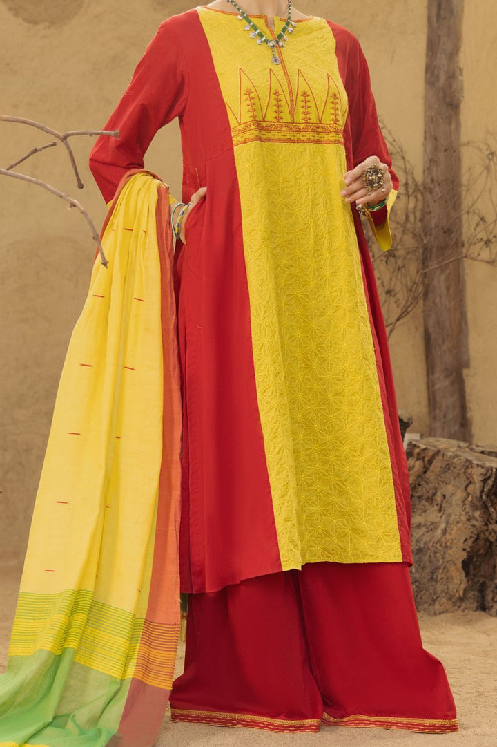 Lawn Red & Lemon 3 Piece Suit - Almirah