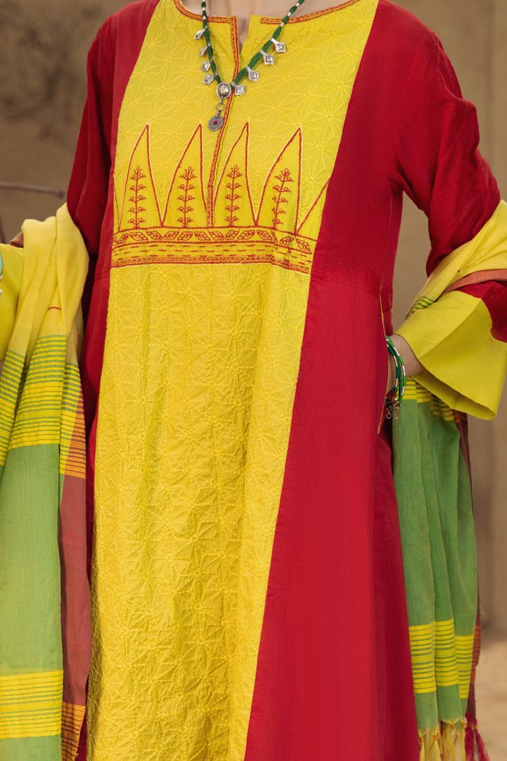 Lawn Red & Lemon 3 Piece Suit - Almirah