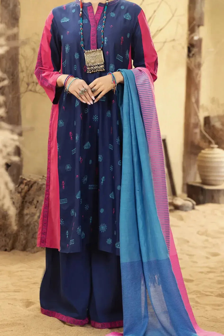 Lawn Blue Pink 3 Piece Suit - Almirah