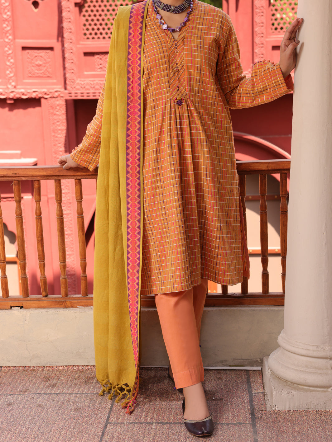 Yarn Dyed Jacquard Mustard 3 Piece Unstitched Suit - Almirah
