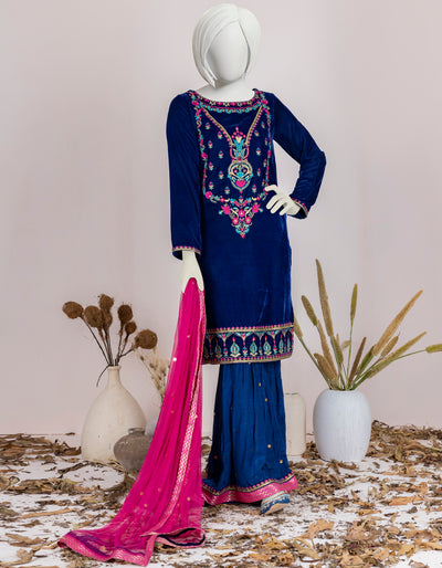 Velvet Blue Teen Girls 3 Piece Suit - J. Junaid Jamshed