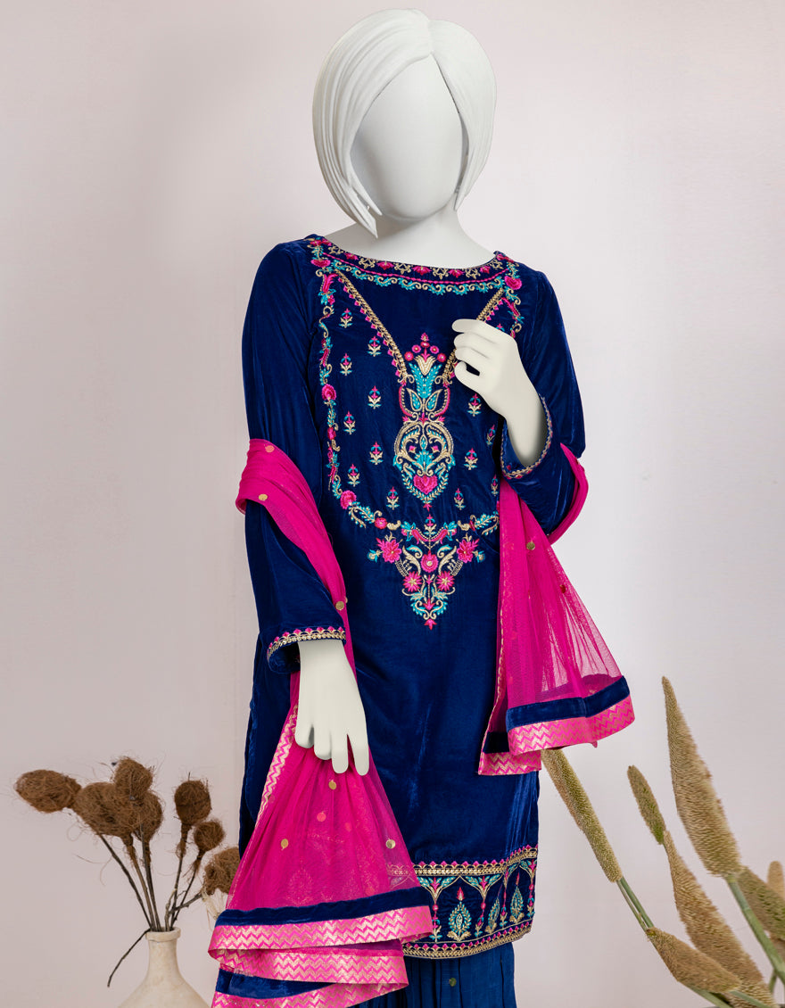 Velvet Blue Teen Girls 3 Piece Suit - J. Junaid Jamshed