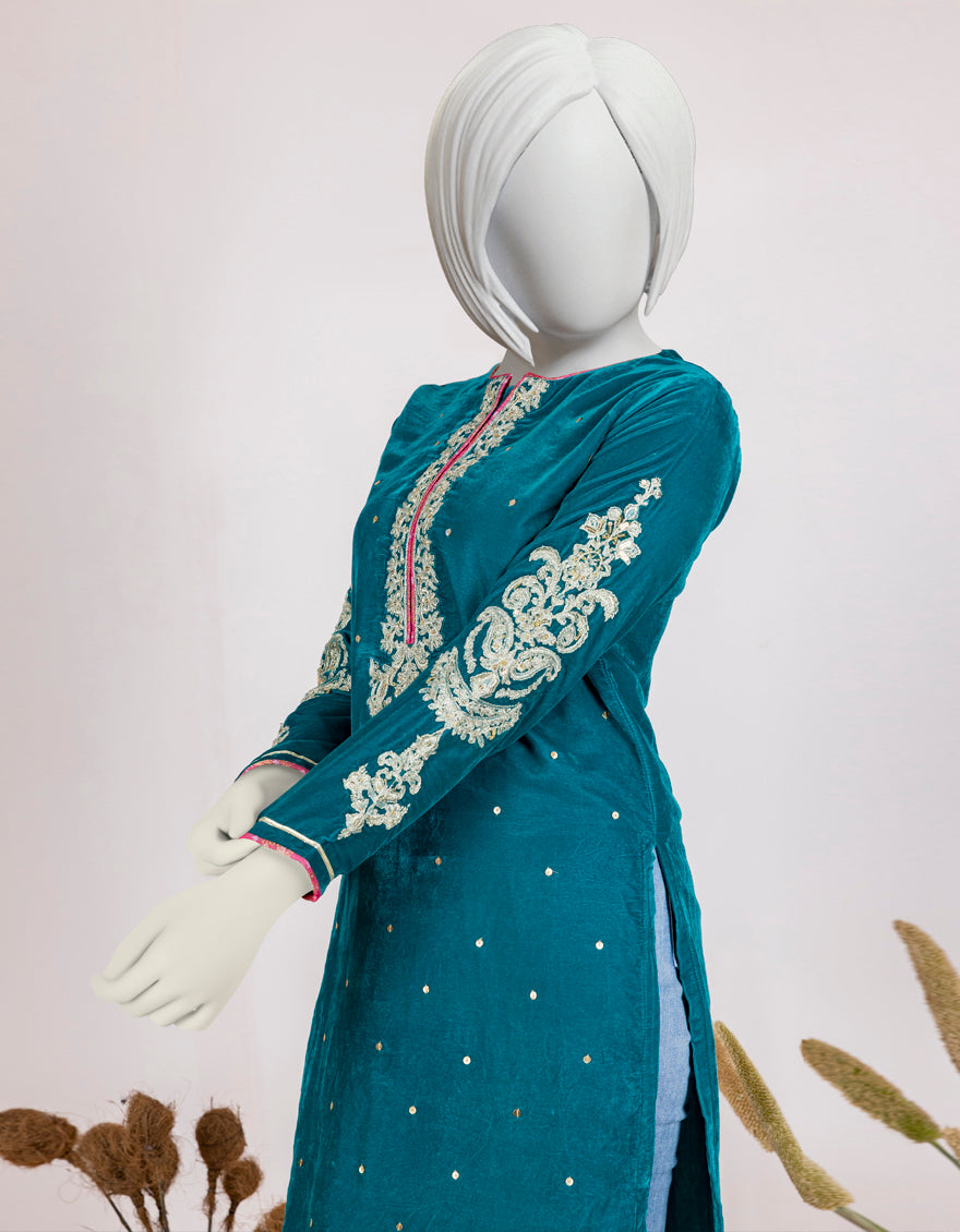 Velvet Teal Teen's Kurti  -  J. Junaid Jamshed