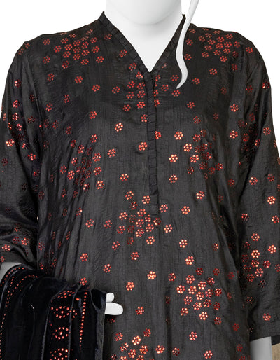 Raw Silk Black Ladies 3 Piece Suit  -  J. Junaid Jamshed