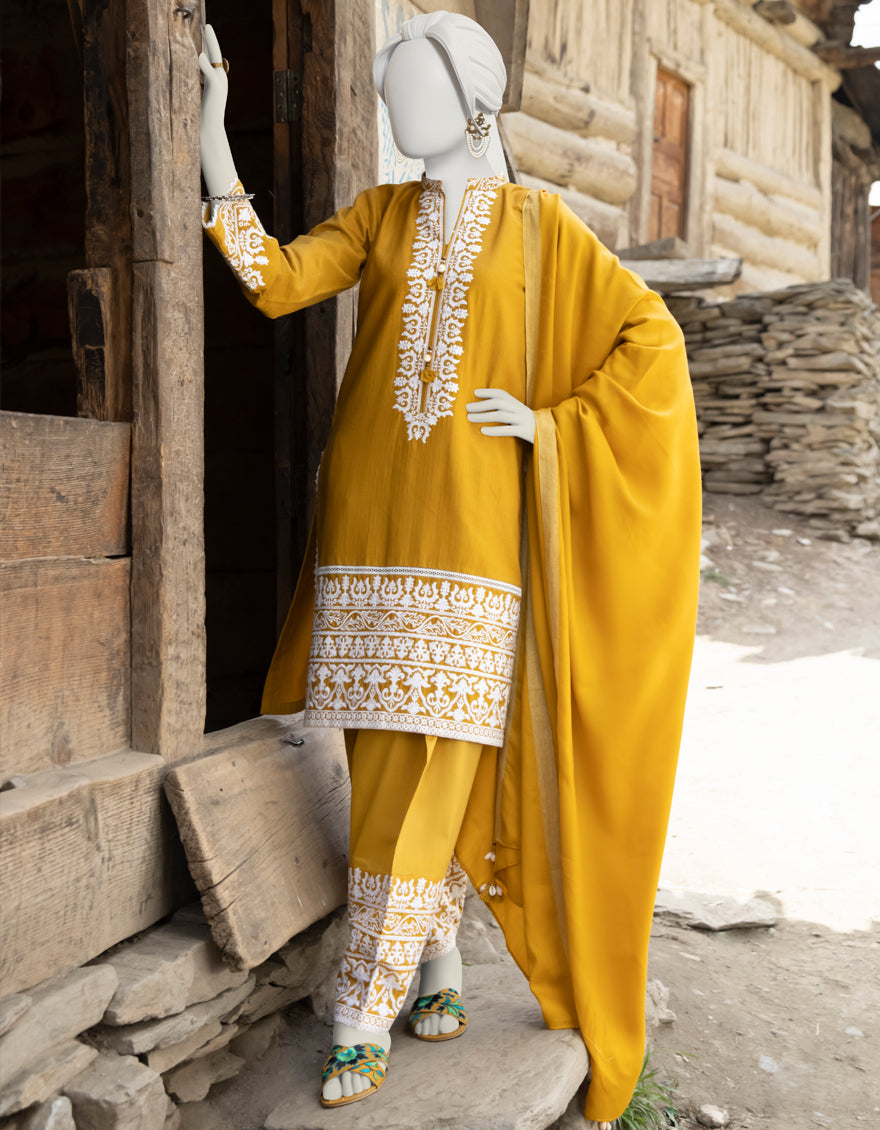 Yarn Dyed Yellow Ladies 3 Piece Suit  -  J. Junaid Jamshed