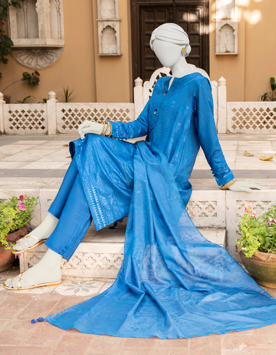 Raw Silk Blue 3 Piece Suit - J. Junaid Jamshed