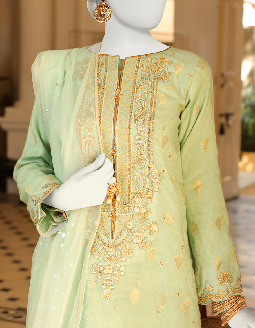 Jacquard Sea Green 3 Piece Suit - J. Junaid Jamshed