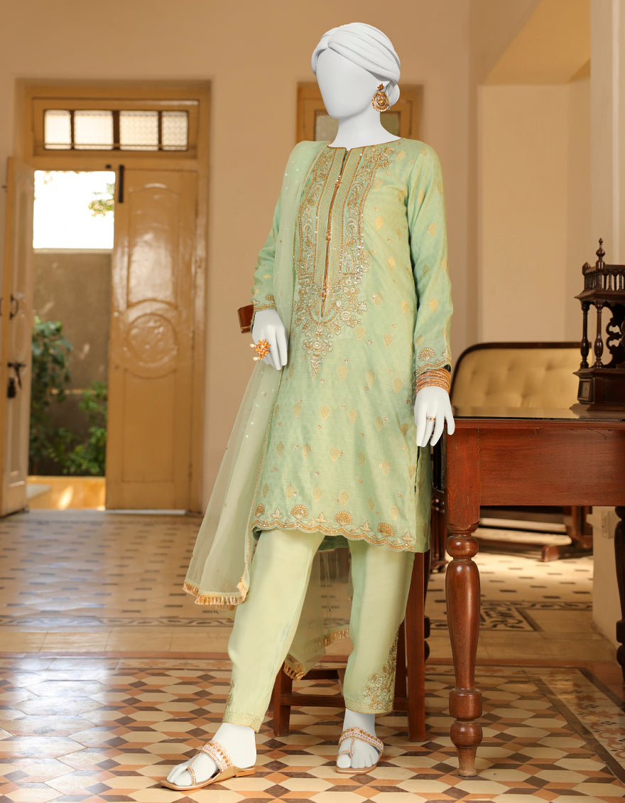 Jacquard Sea Green 3 Piece Suit - J. Junaid Jamshed