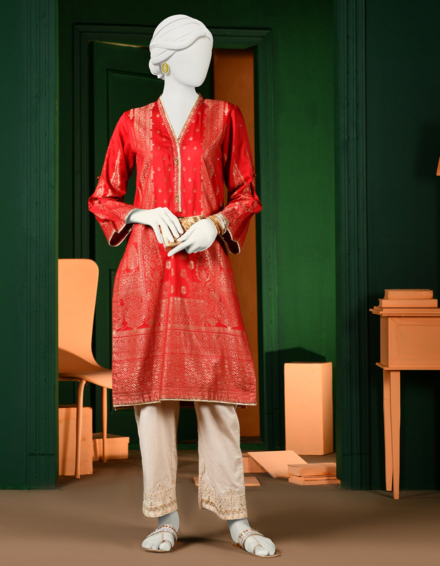 Jacquard Red Kurti - J. Junaid Jamshed