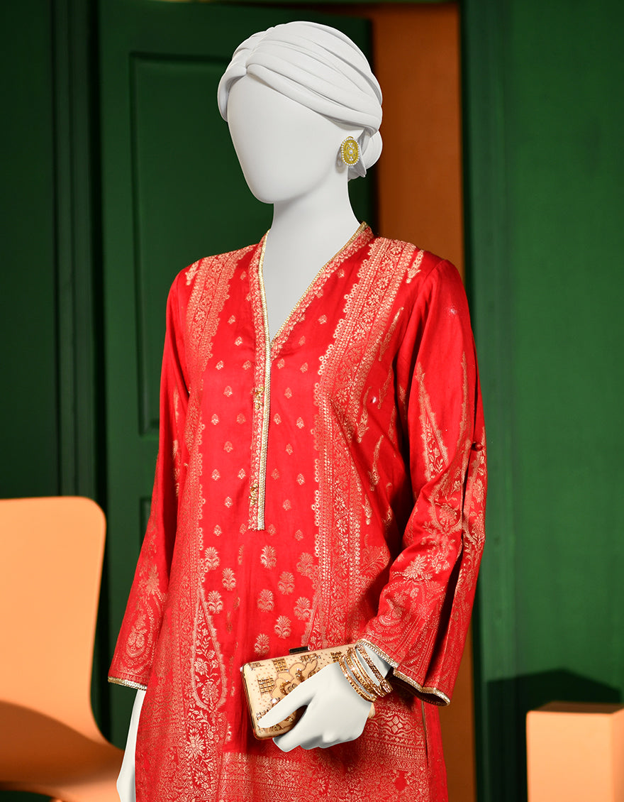 Jacquard Red Kurti - J. Junaid Jamshed