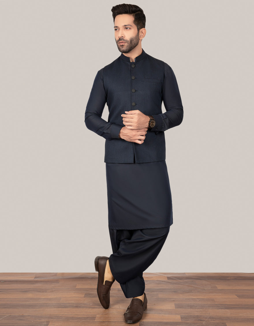Blended Navy Waist Coat - J. Junaid Jamshed