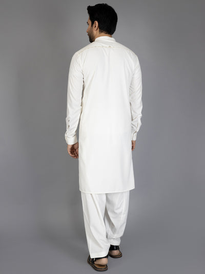 Polyester Viscose Off White Men Kameez Shalwar  -  Almirah
