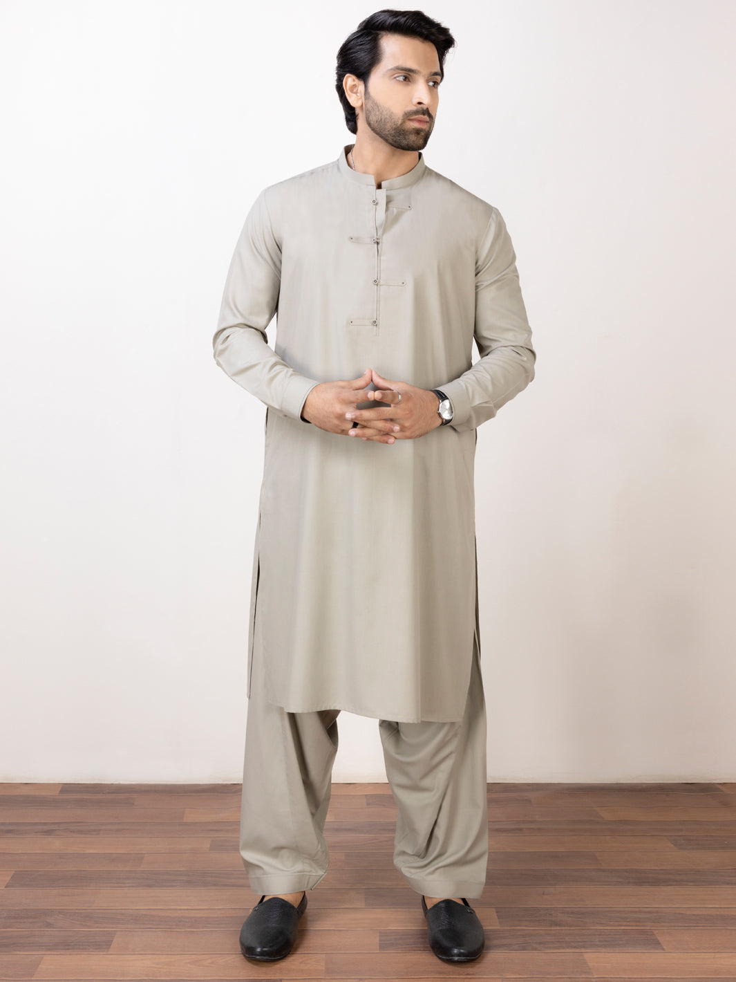 Polyester Viscose Khaki Grey Kameez Shalwar - Almirah