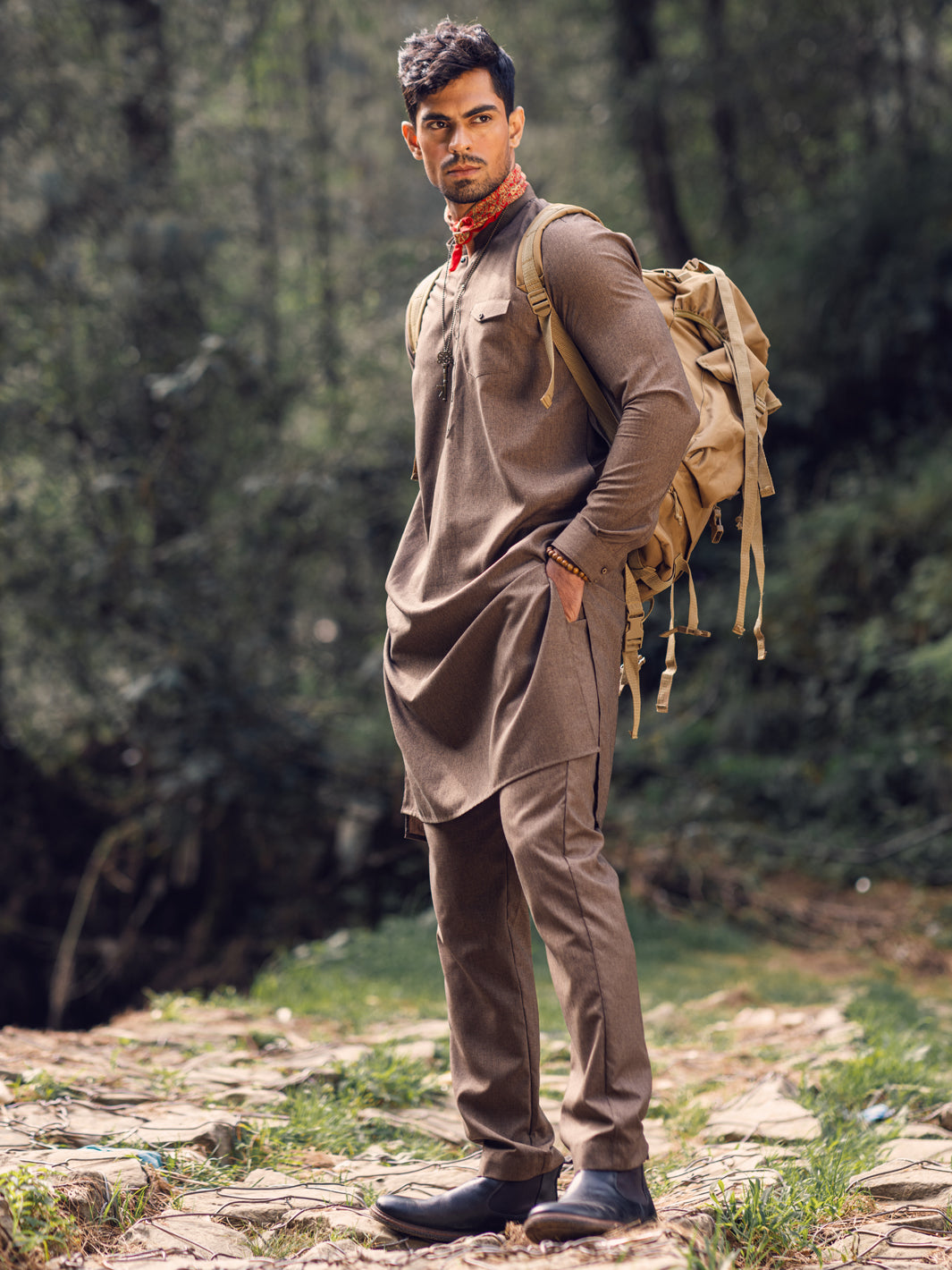 Polyester Viscose Brown Kurta Trouser - Almirah