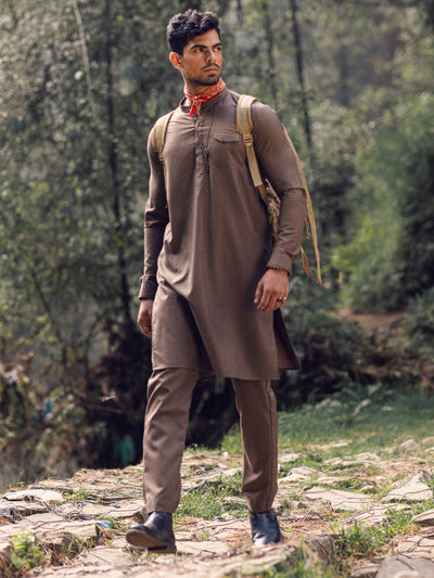 Polyester Viscose Brown Kurta Trouser - Almirah