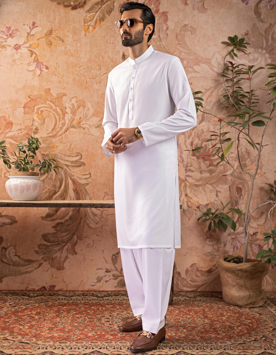 Blended White Kameez Shalwar - J. Junaid Jamshed
