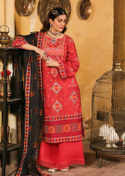 Embroidered Lawn  Red 3 Piece Suit - Khas