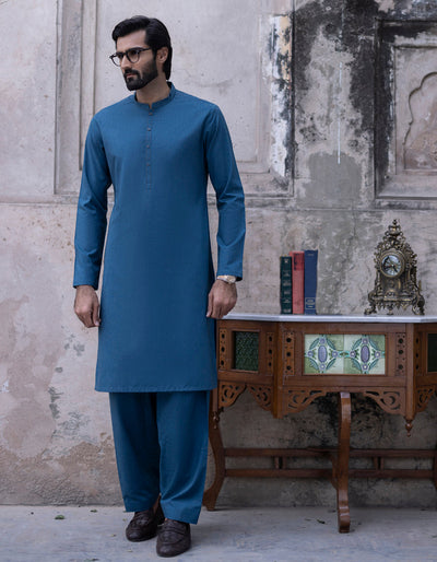 Blended Blue Kameez Shalwar - J. Junaid Jamshed